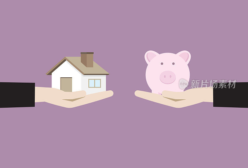 Businessman exchange between house and piggy bank